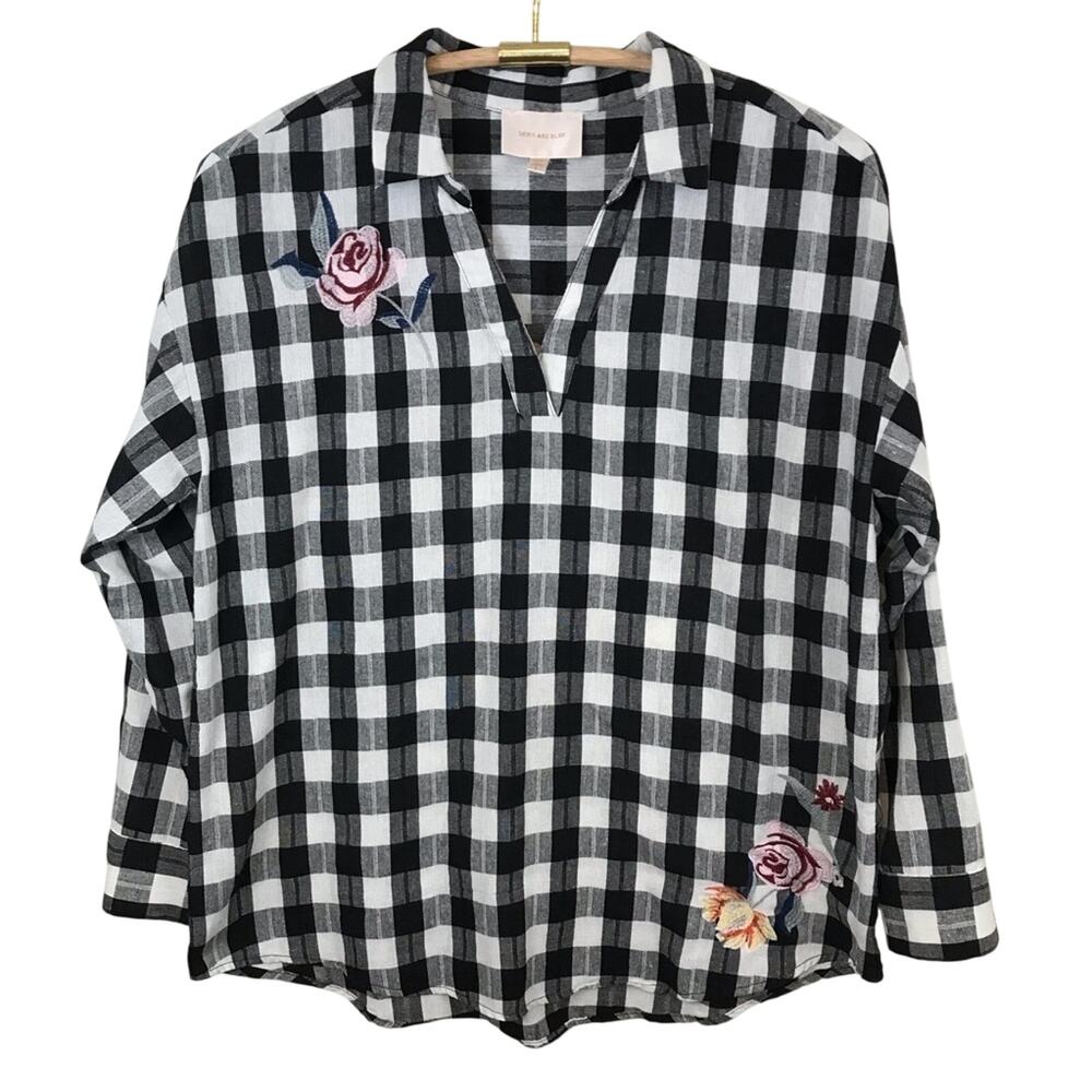 Skies Are Blue Black and White Check Embroidered Blouse Size Large